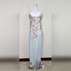 Riley & James Light Blue & Brown Floral Elegant Maxi Dress XL Party Romantic